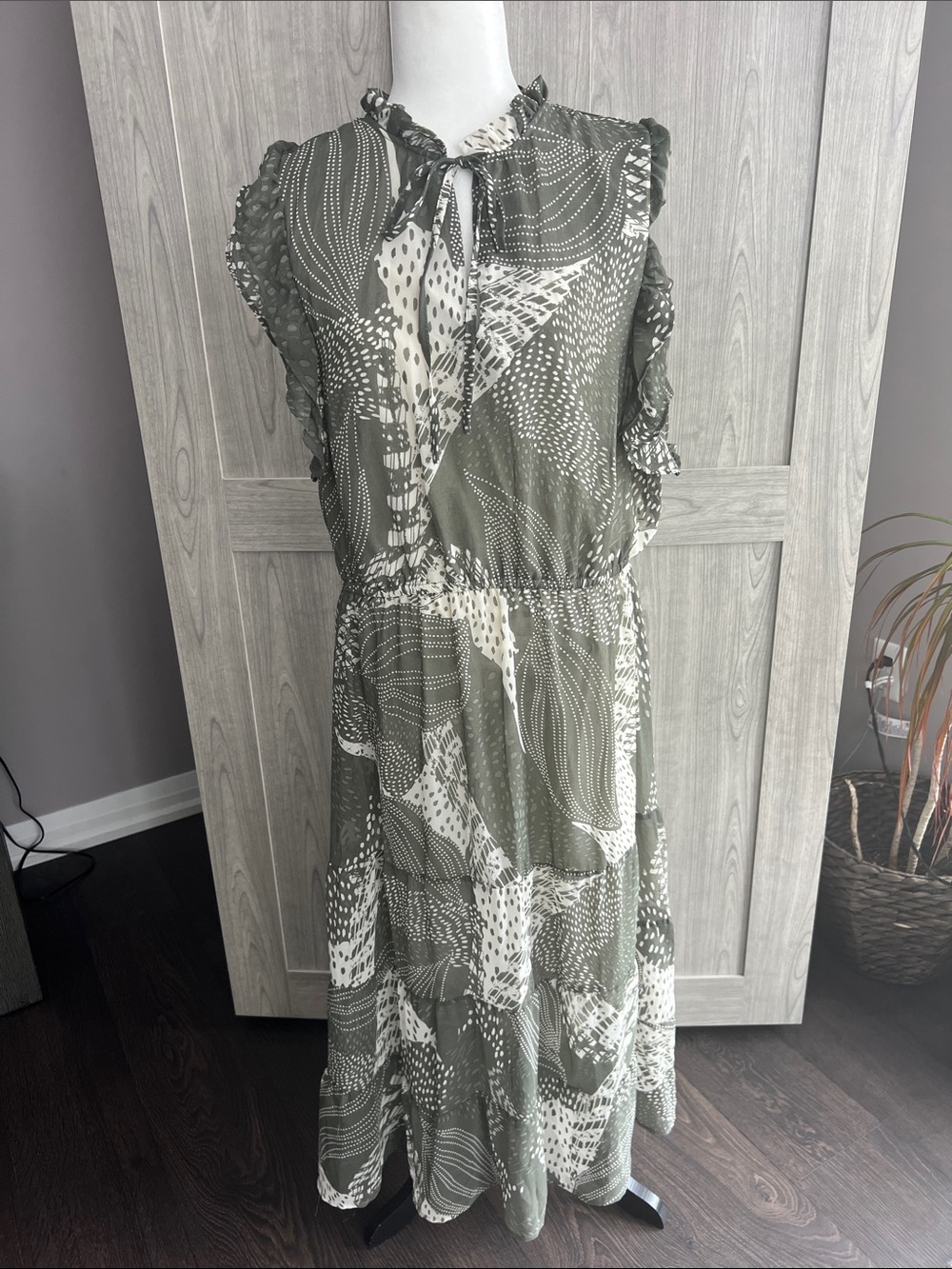 DEX - Olive & Ivory Printed Maxi Dress with Tie Neck